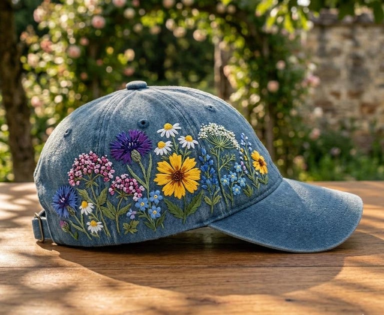 Custom Floral Baseball Cap, Daisy Hand Embroidered Baseball Cap, Wash Cotton Hat, Embroidered Denim Cap, Hat For Women, Summer Hat, Daiy Hat