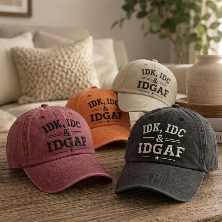 IDK IDC & IDGAF Embroidered Washed Hat, Funny Sarcastic Dad Cap, Vintage Unstructured Baseball Cap, Funny Attitude Gift